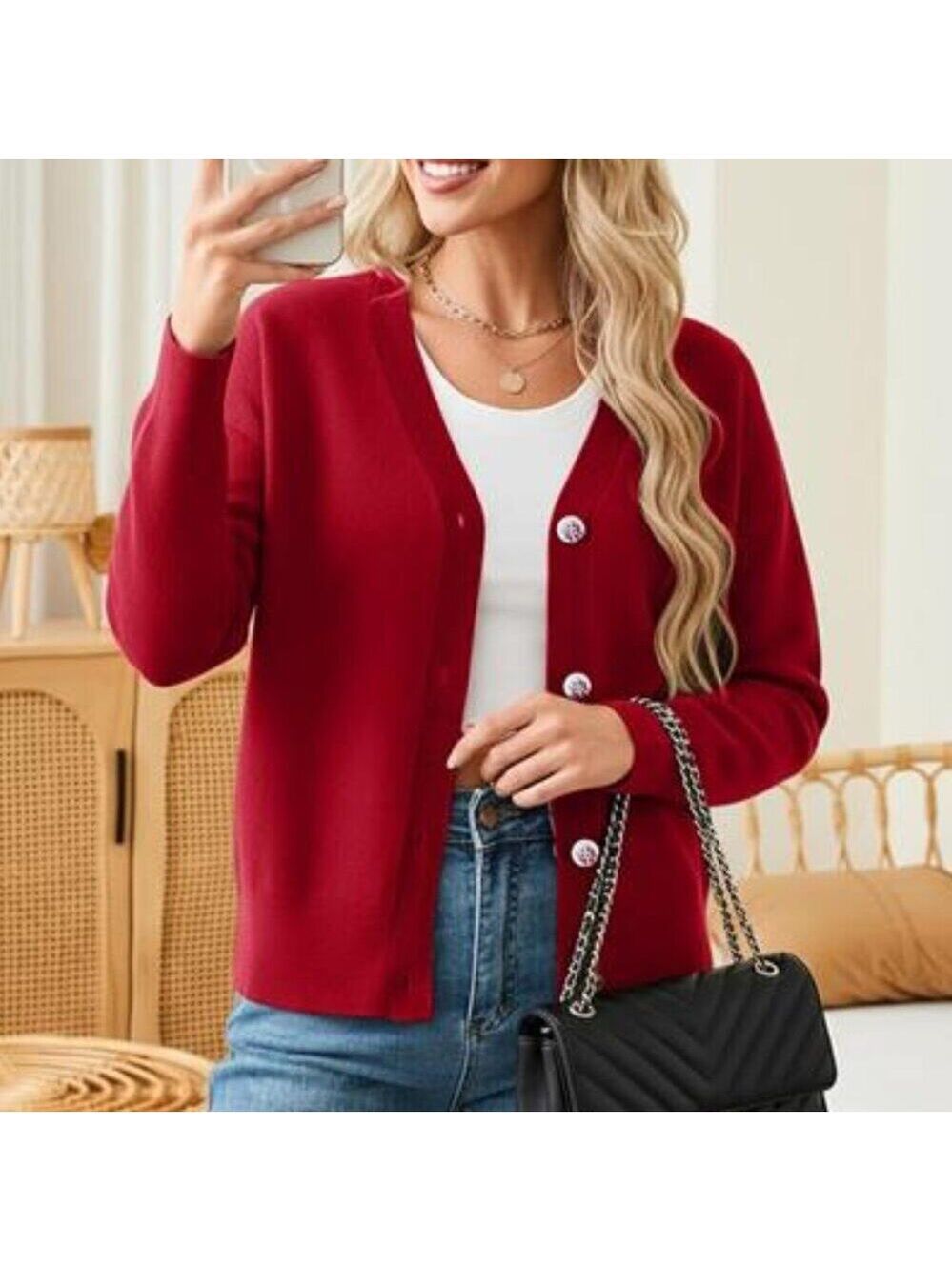 Women's red V Neck Long Sleeve Open Front Chunky Cardigan Fall Knitted
